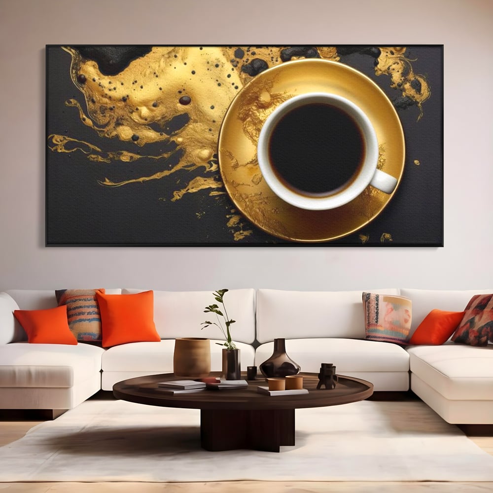Tablou canvas cu tablou canvas cu ceasca de cafea, in rama de aluminiu negru, pe perete intr-un living